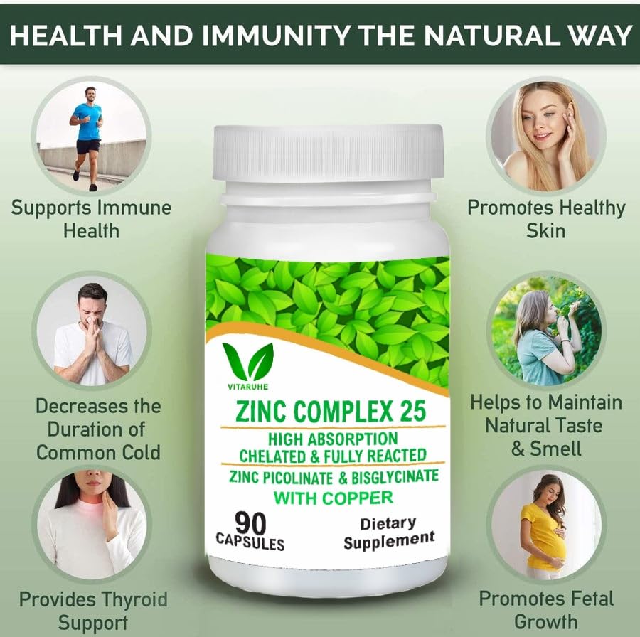 VITARUHEÂ® Chelated Zinc Picolinate & Bisglycinate Complex with Copper, Zinc for Immune, Skin and Cellular Health, High Absorption, Non-GMO, 90 Capsules