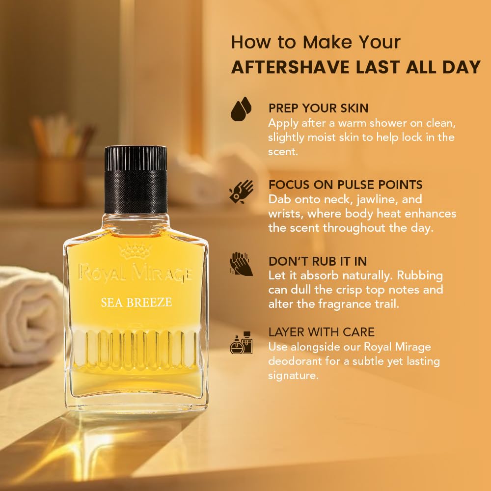 Royal Mirage Sea Breeze Aftershave for Men | Soothing Cinnamon & Fruity Notes | Instant Post-Shave Comfort | Premium Men Aftershave | Long-Lasting Freshness | 100ml