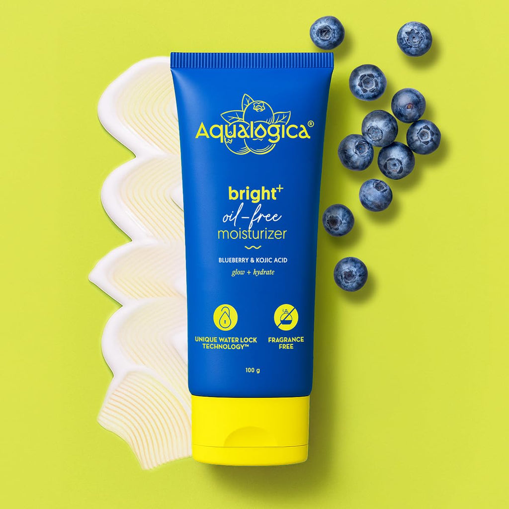 Aqualogica Bright+ Oil-Free Moisturizer with Blueberry & Kojic Acid (100g) Lightweight & Non-Sticky | Brightens & Evens Skin Tone | Fades Dark Spots & Pigmentation | Deeply Hydrates| For All Skin Types | For Men & Women