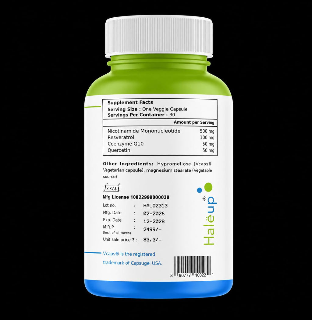 Haleup Usa Nmn 500 Mg 3-In-1 Formula,Enriched With Resveratrol,Quercetin And Coq10|99.9% Pure|Healthy Ageing|Cellular Repair|Boost Nad+|Energy Levels|Skin Health,1 Count,30 Capsules
