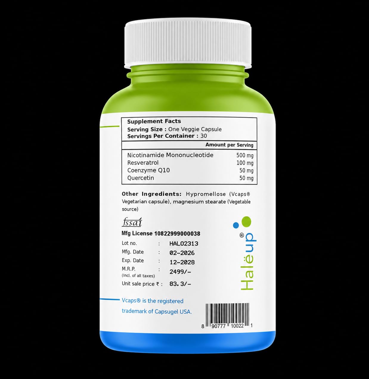 Haleup Usa Nmn 500 Mg 3-In-1 Formula,Enriched With Resveratrol,Quercetin And Coq10|99.9% Pure|Healthy Ageing|Cellular Repair|Boost Nad+|Energy Levels|Skin Health,1 Count,30 Capsules