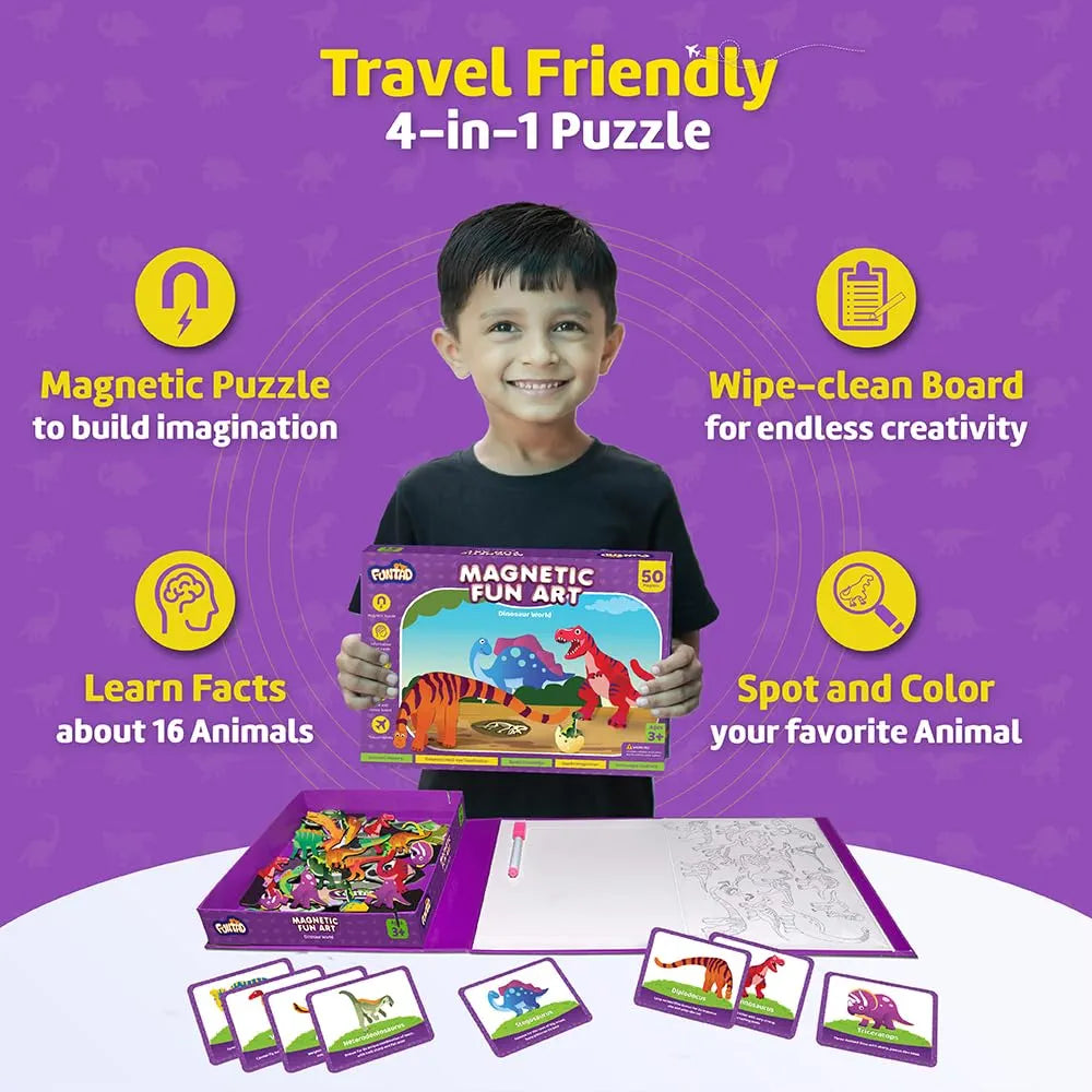 Funtad Magnetic Fun Art Puzzle Dinosaur 4-in-1 Travel Friendly Educational Toy with Writable Board 50 Magnetic Pieces with for Boys & Girls Age 3,4,5 & 6 yrs