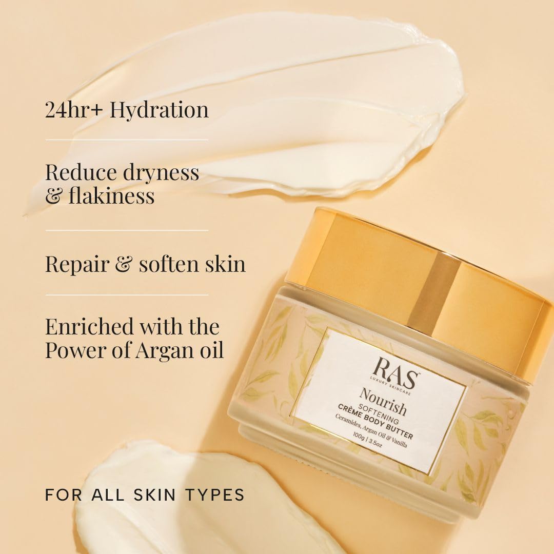 Ras Luxury oils Nourish Softening Creme Body Butter with Argan Oil & Shea Butter | 24 Hour Long Lasting Hydration | Non-Greasy, Quick Absorbing Nourishing Moisturizer For All Skin Type, 100gm