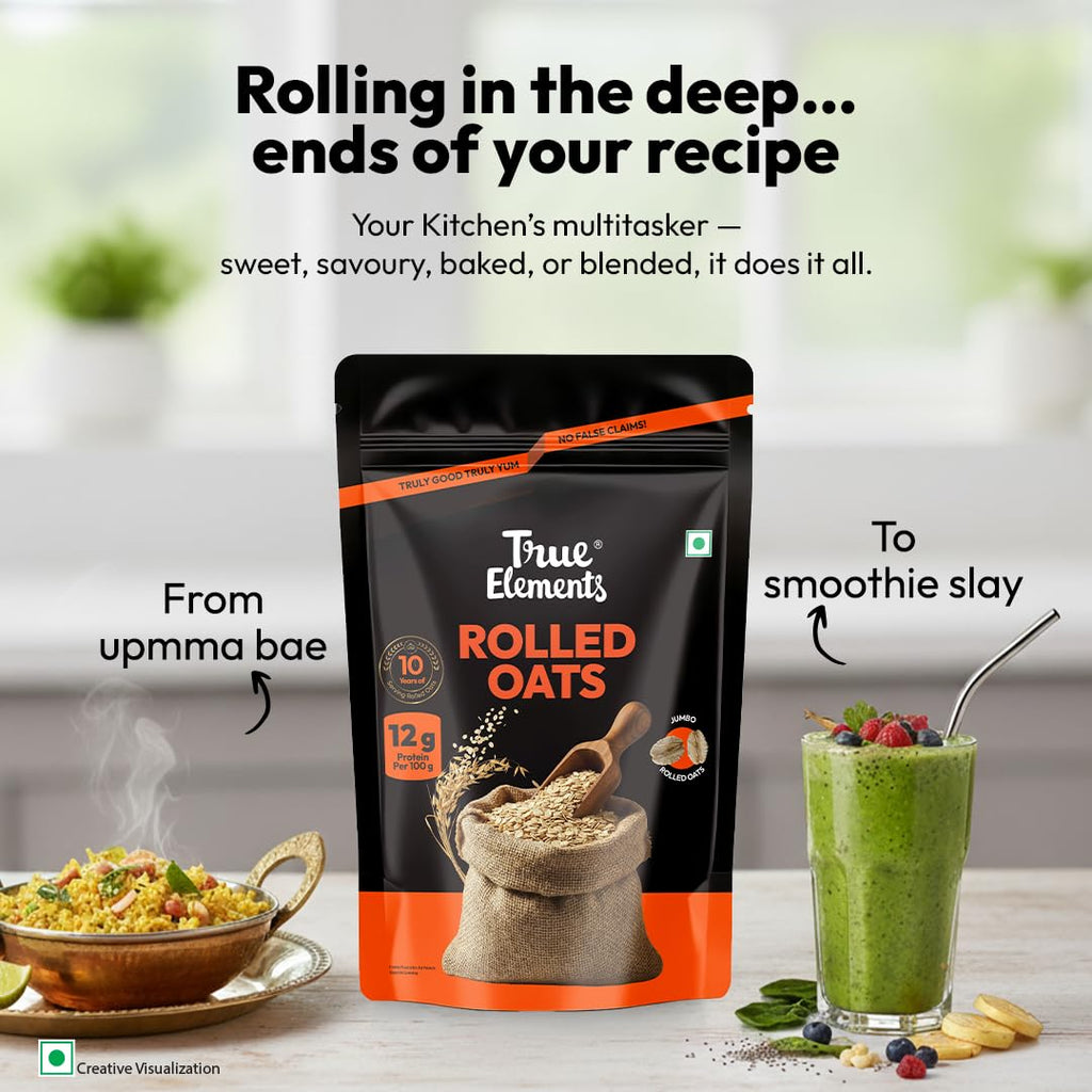 True Elements Rolled Oats 1.2kg - Monthly pack | Wholegrain High Fibre, High protein Oats | Keeps You Fuller Longer | Perfect for overnight oats, smoothies & baking