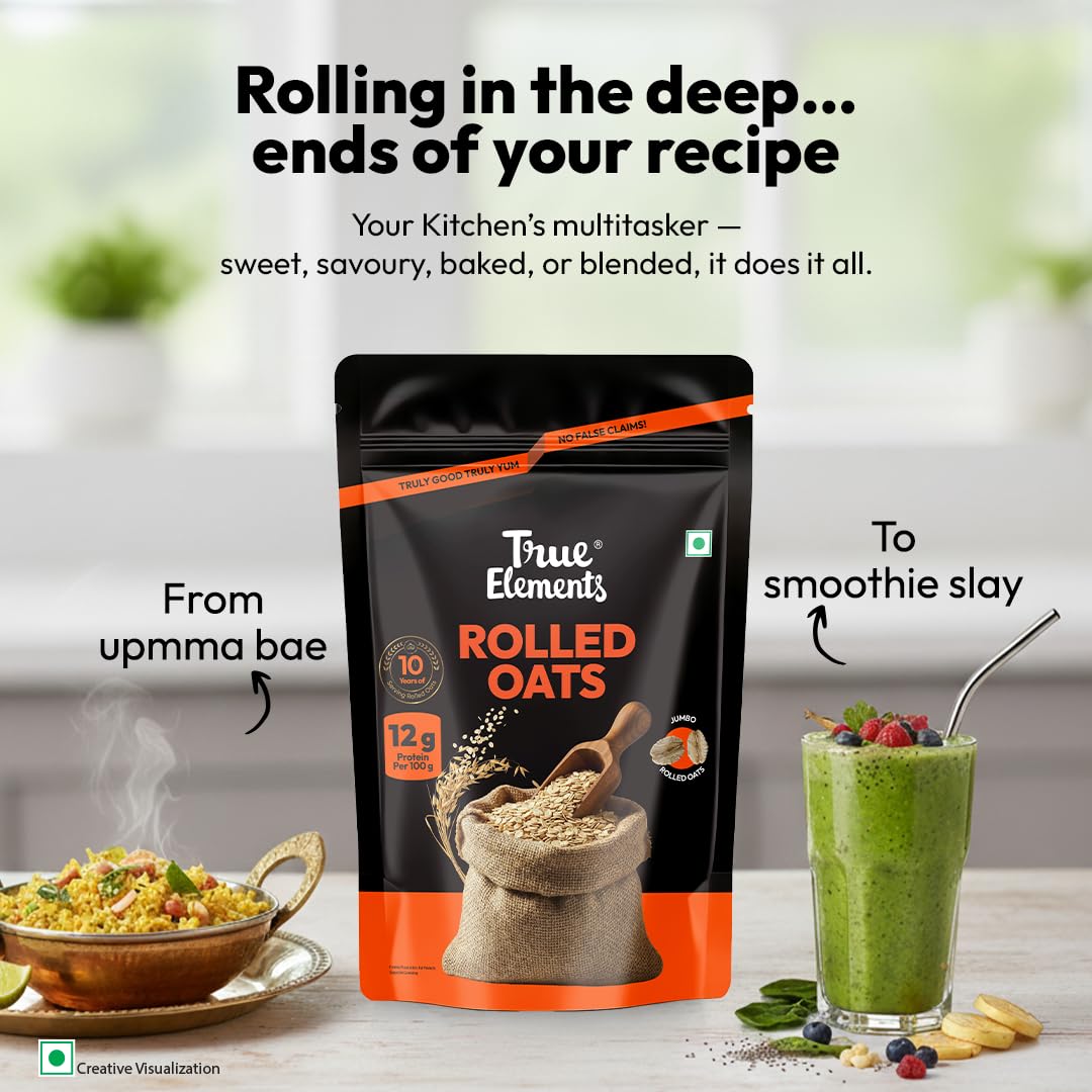 True Elements Rolled Oats 1.2kg - Monthly pack | Wholegrain High Fibre, High protein Oats | Keeps You Fuller Longer | Perfect for overnight oats, smoothies & baking