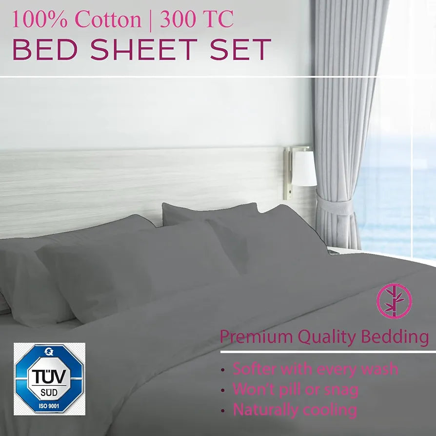 Trance Home Linen Premium 300 TC Pure 100% Cotton Queen Fitted Bedsheet with 2 Pillow Covers Colour Ash Grey