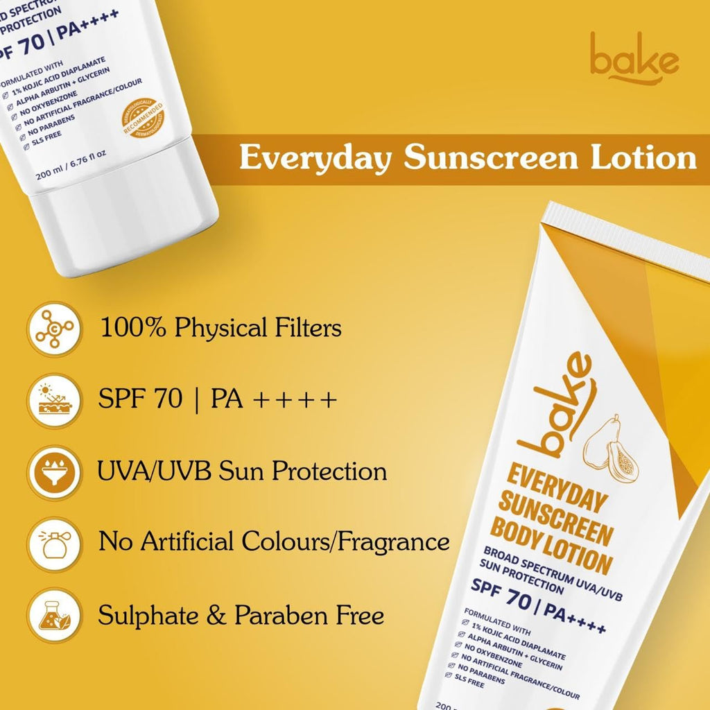 BAKE Everyday Brightening SPF 70 PA++++ Body Sunscreen Lotion | De-Tan Body Lotion | 1% Kojic Acid, Alpha Arbutin | Broad Spectrum UVA & UVB Protection | For Tan Removal, Sun Protection - 200ml