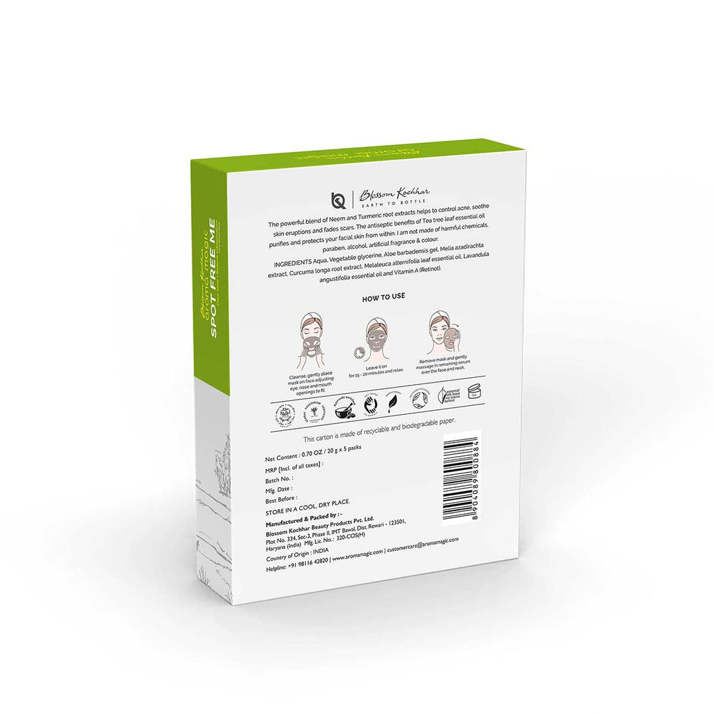 Aroma Magic Spot Free Me Sheet Mask | Controls acne, soothes eruptions, purifies & fades scars with Lavender & tea tree essential oils, neem extracts, vitamin A (retinol) | All Skin | Pack Of 5