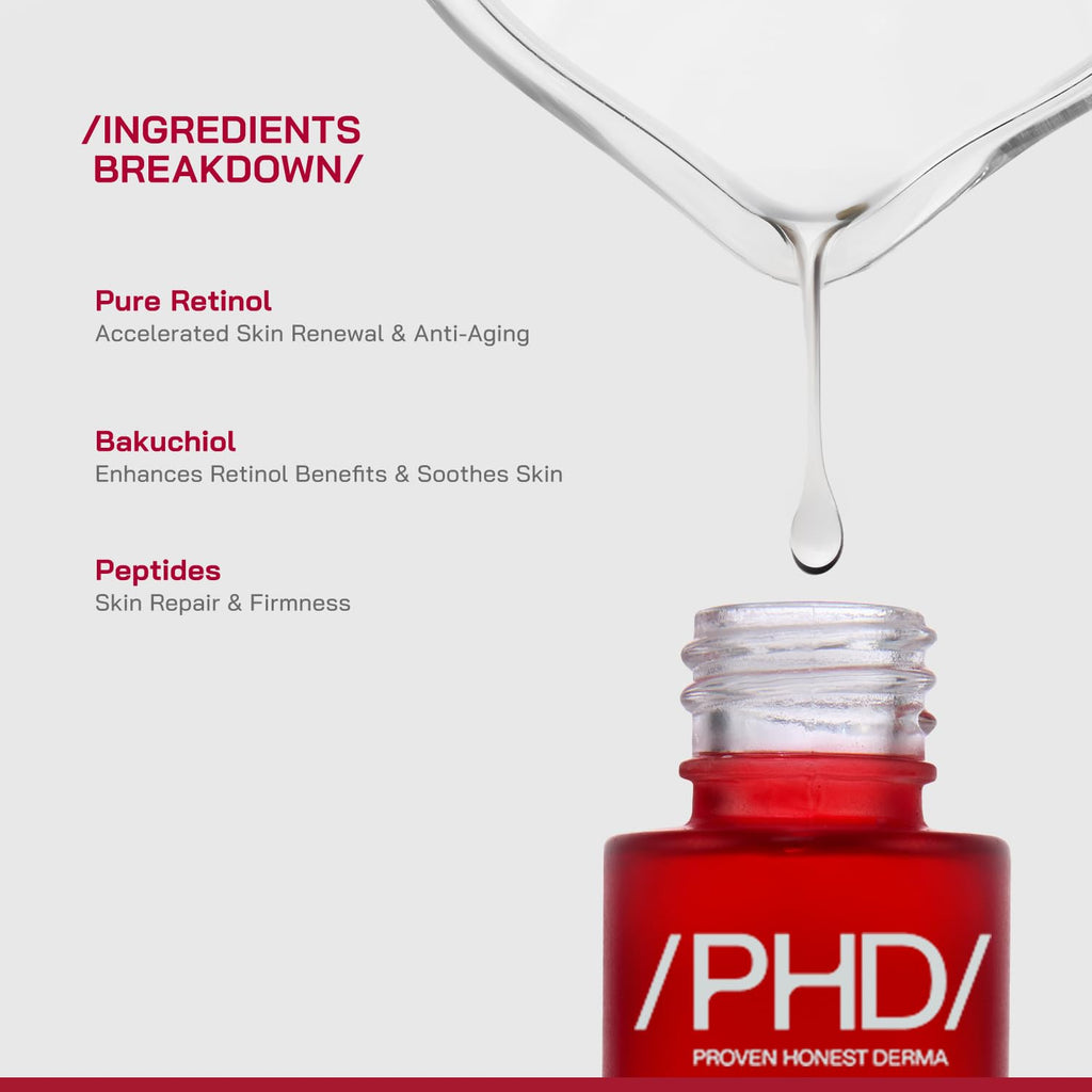 /PHD/ 0.3% Retinol Face Serum with Bakuchiol & Peptides | Retinol Serum for Face Anti Aging & Wrinkles | Night Serum for Men & Women | Reduces Fine Lines | For Younger-looking Skin | For Oily, Dry & Combination Skin | 30ml