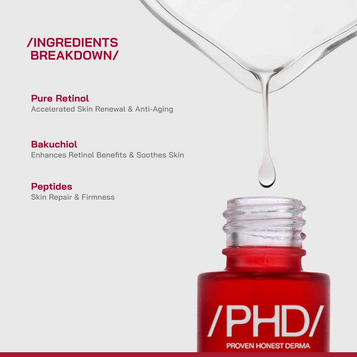 /PHD/ 0.3% Retinol Face Serum with Bakuchiol & Peptides | Retinol Serum for Face Anti Aging & Wrinkles | Night Serum for Men & Women | Reduces Fine Lines | For Younger-looking Skin | For Oily, Dry & Combination Skin | 30ml