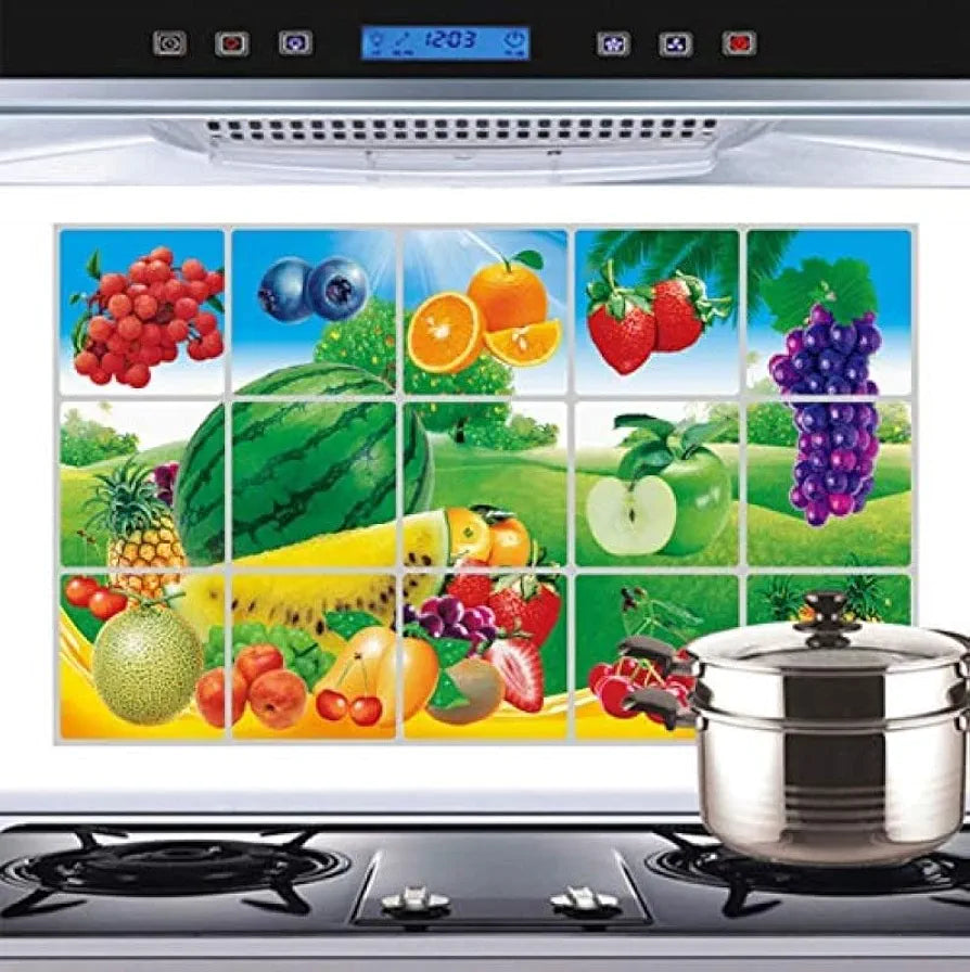 Jaamso Royals Multi Fruits and Vegetable Oil Proof Vinyl Aluminium Foil Kitchen Tile Wall Sticker Fruit vegetable