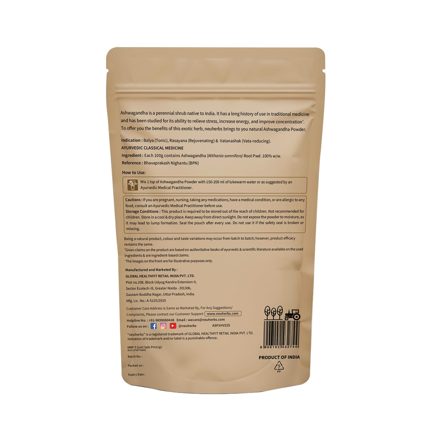 Neuherbs Ashwagandha Powder - 100 Gm | Ayurvedic Support for Stress Relief, Mental Calmness & Anxiety Issues | Support Strength & Energy | Certified