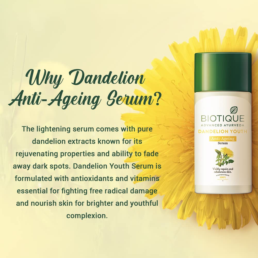 Biotique Dandelion Youth Anti-Ageing Serum| Ayurvedic and Organically Pure| Anti-Ageing Serum for Men & Women| Reduces Fine Lines & Wrinkles |100% Botanical Extracts| All Skin Types | 40ml