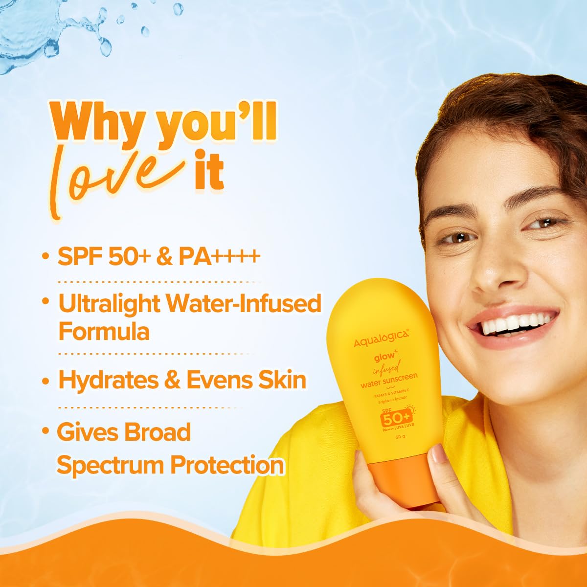 Aqualogica Glow+ Infused Water Sunscreen For All Skin Types Spf 50+ Pa++++ With Papaya&Vitamin C|Gives Glowing&Hydrated Skin|Lightweight,Hydrating & No White Cast - 50G,Pack Of 1