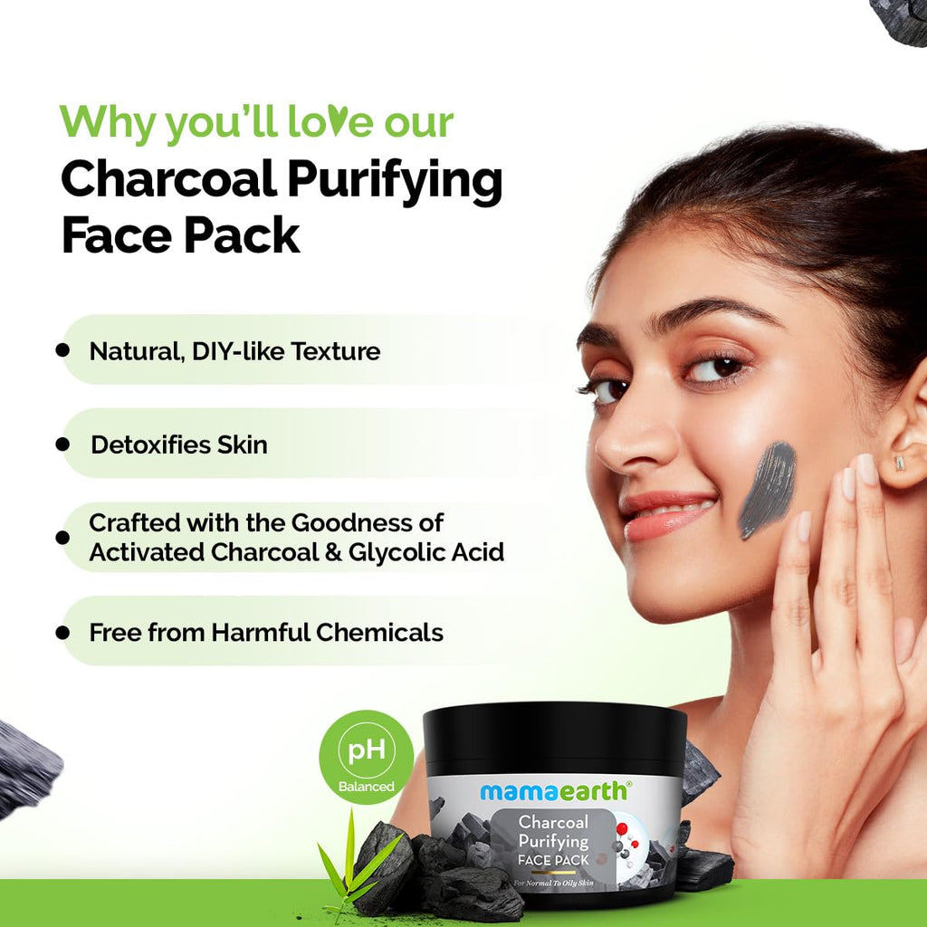 Mamaearth Charcoal Purifying Face Pack with Activated Charcoal & Glycolic Acid for Skin Detoxification Natural, DIY-like Texture | Detoxifies Skin | Crafted with Nature’s Best Ingredients | Free From Harmful Chemicals