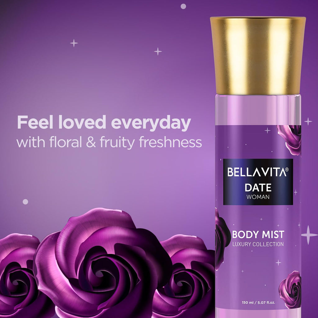 Bella Vita Luxury Date Women Body Spray Mist Perfume for Refreshing Floral & Vanilla Long Lasting Fragrance with Pink Pepper and Red Fruits, 150 ml
