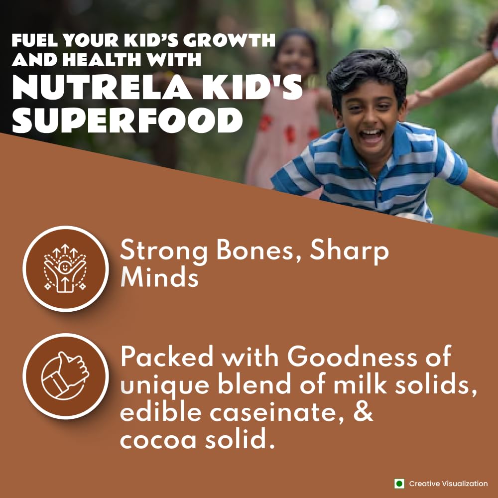 Nutrela Kids Protein Powder - 400g, Chocolate Flavour | Helps in Memory and Brain Development | Improve Muscle Mass, Bone and Teeth Strength