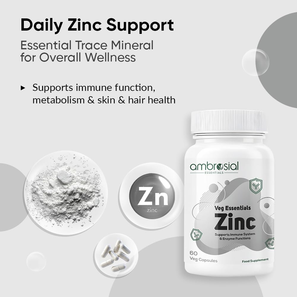 Ambrosial Zinc Supplements - High Strength 30 mg, Highly Bioavailable Zinc Supplement for Men & Women, Immune & Metabolism Support, Zinc Supplements, Pack of 1-60 Capsules
