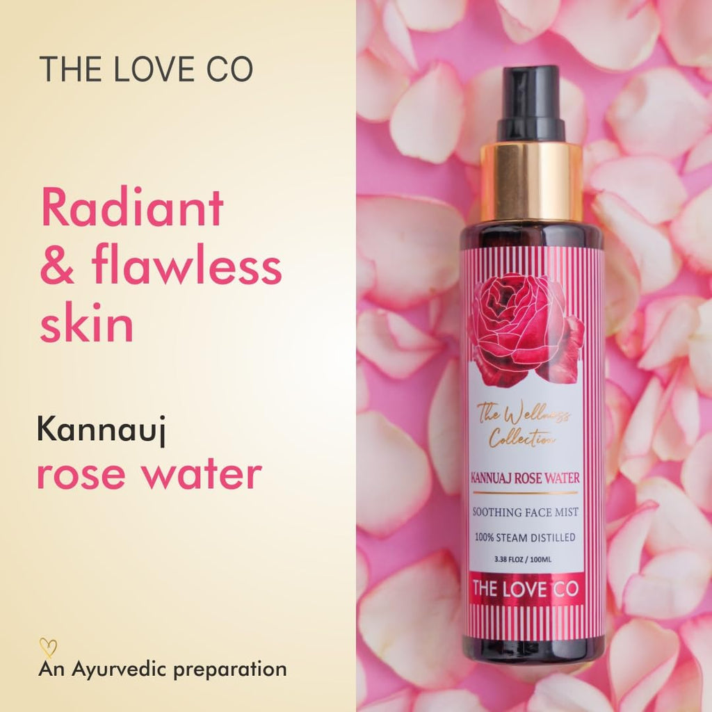 THE LOVE CO. Rose Water 100ml - Steam Distilled for Skin,100% Pure and Natural Face, and Hair - Authentic Kannauj Gulab Jal - Soothing Skin Toner Spray - Paraben, Alcohol, and Chemical-Free