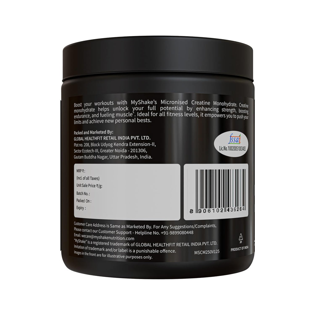 MyShake Micronised Creatine Powder - 250gm (83 Servings) | 3g Creatine Monohydrate Per Serve | Rapid Absorption, Boost Strength & Fuels Muscle | Supports Athletic Performance & Power