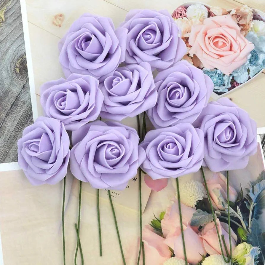 Artificial Flowers 25pcs Real Looking Fake Roses w/Stem Lilac