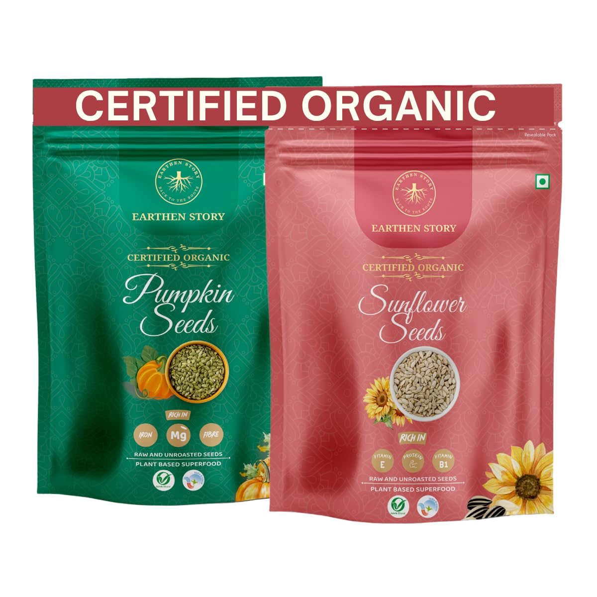 Earthen Story Pumpkin & Sunflower Seeds Combo 500g (250g Each) - Certified Organic, Raw & Unroasted Super Seeds | High Protein, Fiber, Omega-3 | Gluten-Free, Non-GMO Healthy Snack Mix