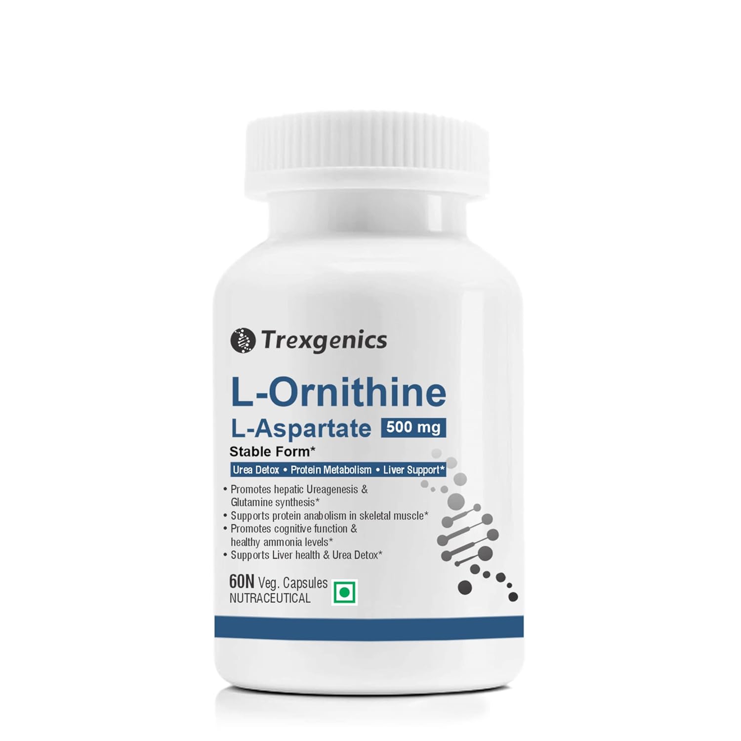 TrexgenicsÂ® L-ORNITHINE Stable form as L-Aspartate 500mg Urea Detox, Protein Metabolism, Liver Support (60 Vcaps) (1)