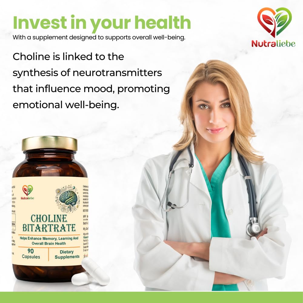 Nutraliebe Choline Bitartrate 550mg – 90 Capsules | Dietary Supplement for Daily Use | Non-GMO & Gluten-Free