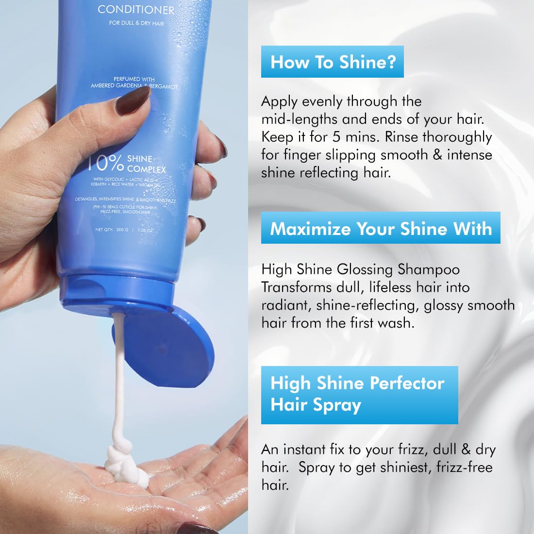 mCaffeine Glossy Hair Conditioner for Dry & Frizzy Hair| 10% Shine Complex with Glycolic Acid & Keratin| Smoothens Hair Fiber| 48 Hr Frizz Control| Fresh Floral Fragrance - 200ml