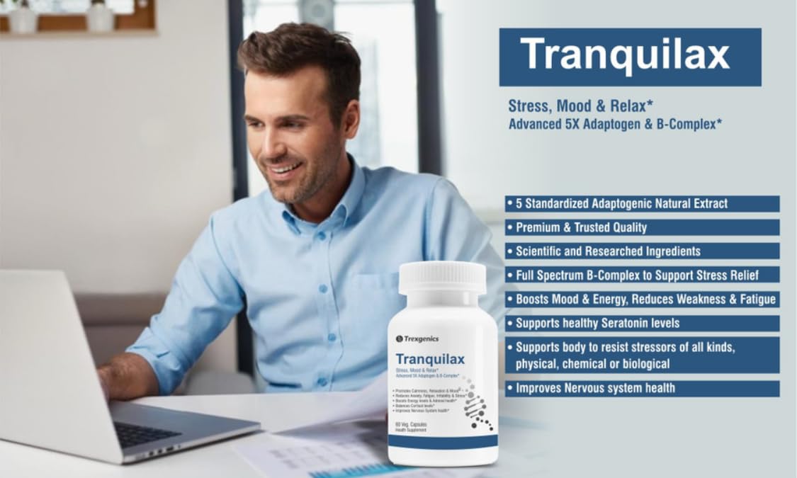 Trexgenics Tranquilax 5X Adaptogen + Full Spectrum Vitamin B - Complex Capsules for Synergistic Stress, Energy and Nervous System Support (60 Veg. Capsules)