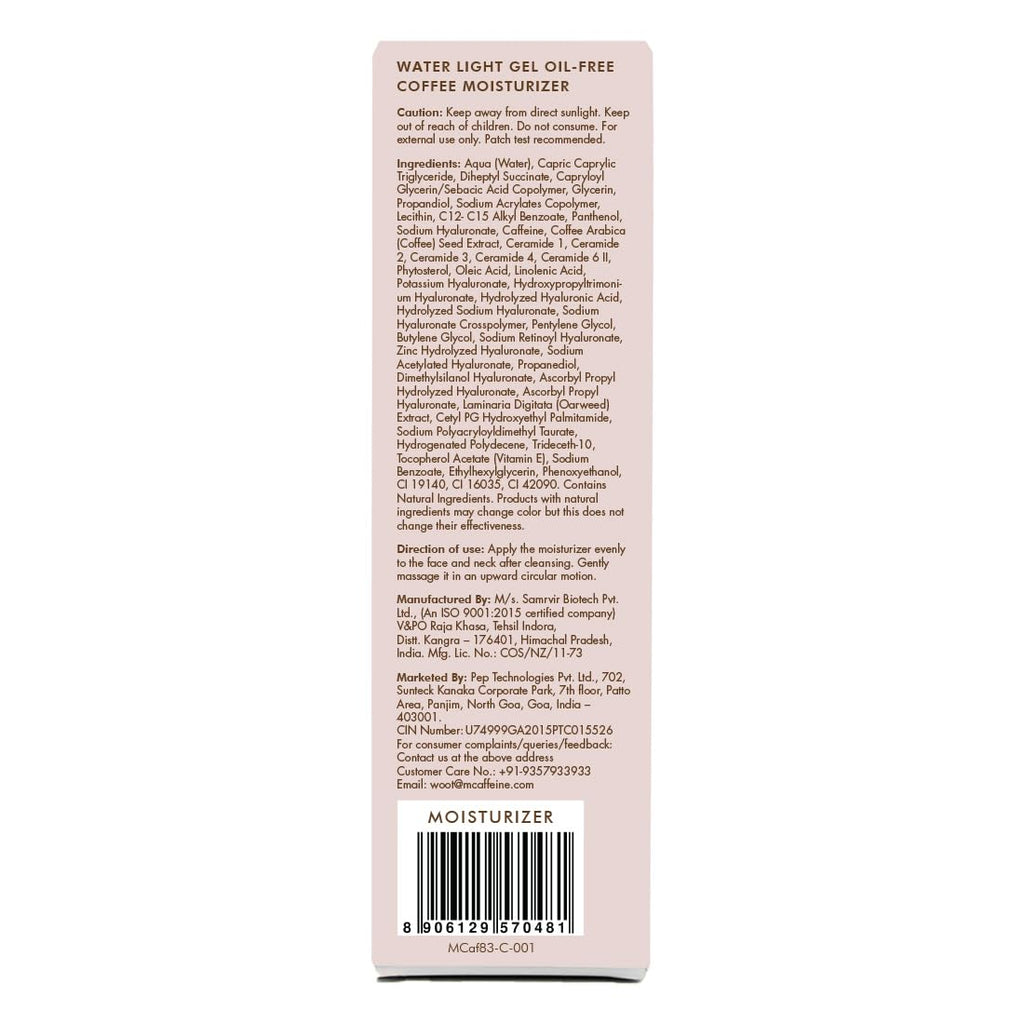 mCaffeine Water Light Gel Oil-free Coffee Moisturizer | Deep Skin Hydration & Barrier Boost with Ceramide Moisturizer | Face Cream for Women and Men | 72 Hrs Moisturization |Barrier Repair Gel-based Moisturizer For Oily Skin - 50ml