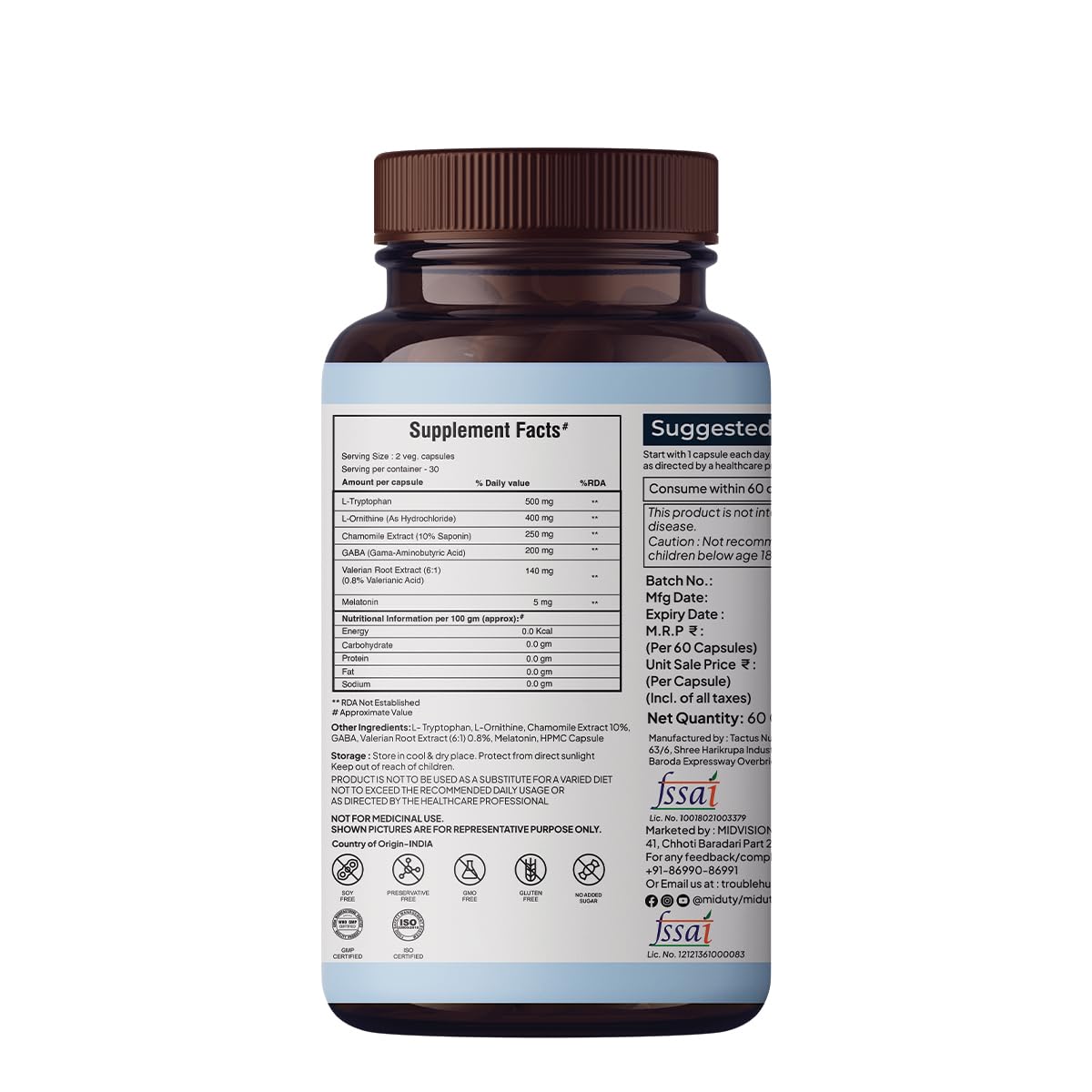 Miduty by Palak Notes Sleep Well Capsules - Melatonin - Promote Restful Sleep - Helps in Deep Sleep - Refreshing Night Rest- Pack of 60 Capsules
