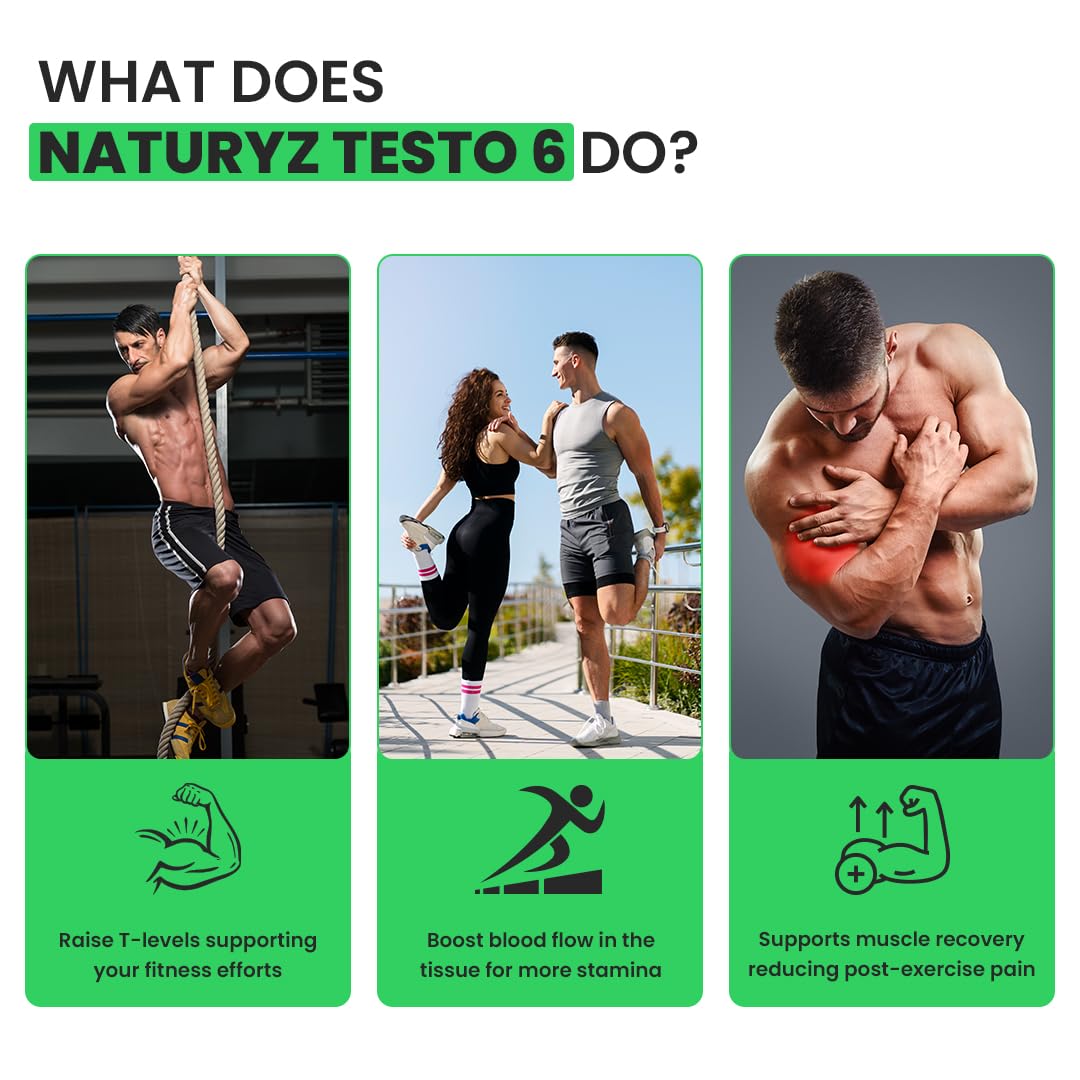 Naturyz Testo-6 Plant based Supplement For Men 2100mg per serving with Maximum Strength 1000mg Tribulus Terrestris, Safed Musli, Kaunj, Ashwagandha for Muscle gain, Stamina & Strength - 60Tablets