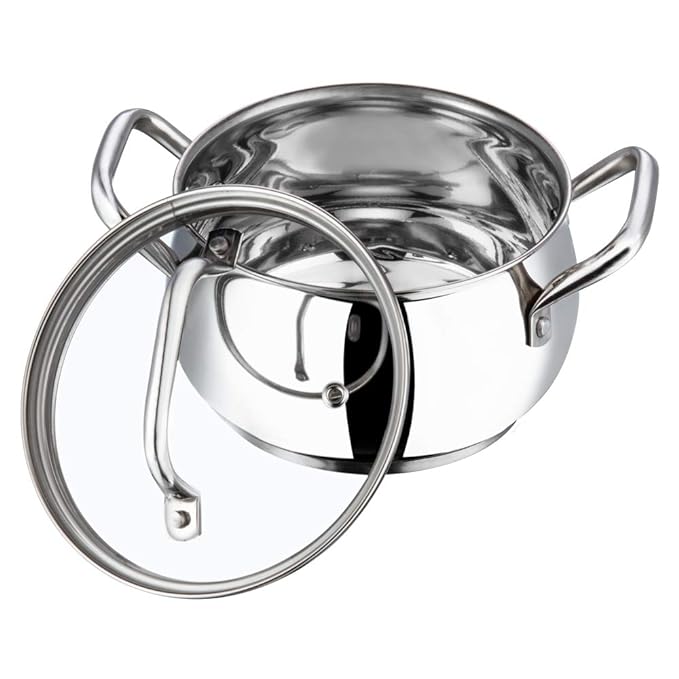 Vinod Almaty Stainless Steel Saucepot with Glass Lid 2 Litre, 16 cm | 2.6mm Thick Base | Triply Saucepot,Sturdy Riveted Handle