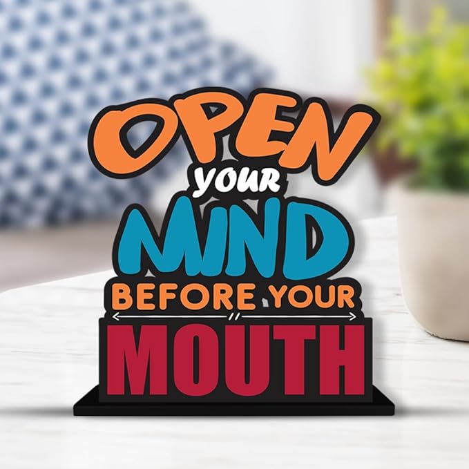Artvibes Wooden Idols and Figurine Open Your Mind Before Your Mouth Quote Table Decor for Office Desk | Home Decor Item