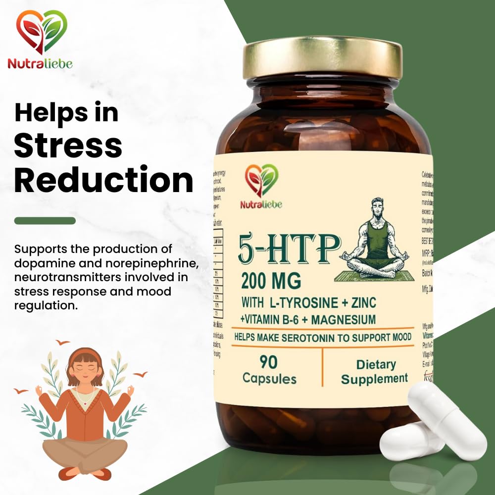 Nutraliebe 5-HTP 200mg with L-Tyrosine, Zinc, Vitamins B6 & B9, Magnesium, Ashwagandha, Green Tea Extract - 90 Capsules for Mood, Relaxation, and Cognitive Support