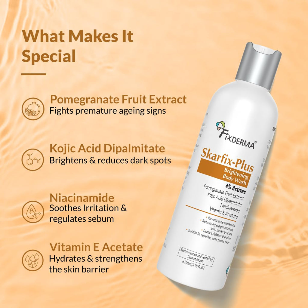 Fixderma Skarfix Plus Brightening Body Wash with 4% Actives (Kojic Acid, Niacinamide Acid, & Vitamin E) | Skin Brightening Body Wash Shower Gel Women & Men | For Hyperpigmentation & Acne Marks - 200ml