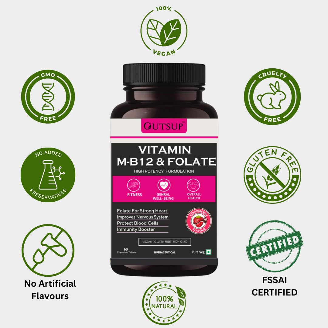 Outsup Vitamin B12 Supplement with Methylcobalamin, Folate & Vitamin B6 - Boost Energy Level | Good For Digestion And Nerve Health | Glowing Skin For Men & Women - 60 Chewable Tablets