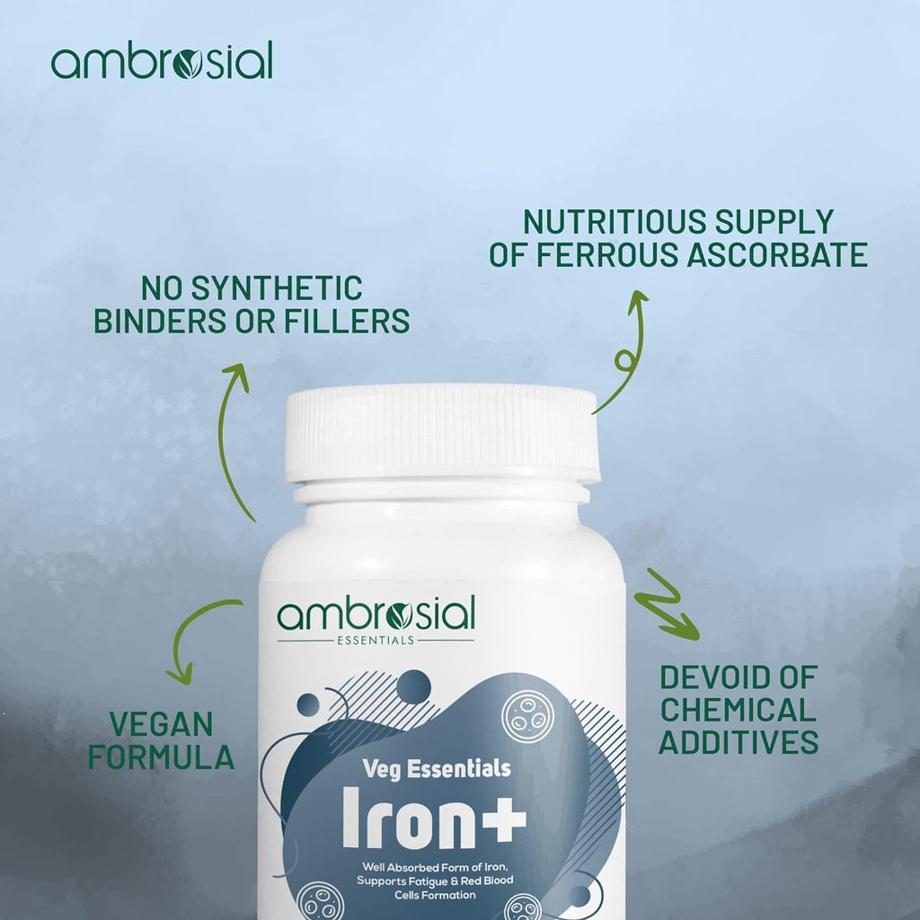 Ambrosial Iron Tablets High Strength 25mg| Iron Supplement for Women & Men| Blood Support & Helps Reduce Tiredness & Fatigue | Enhanced Absorption & Non - Constipating (Pack of 1-120 Capsules)