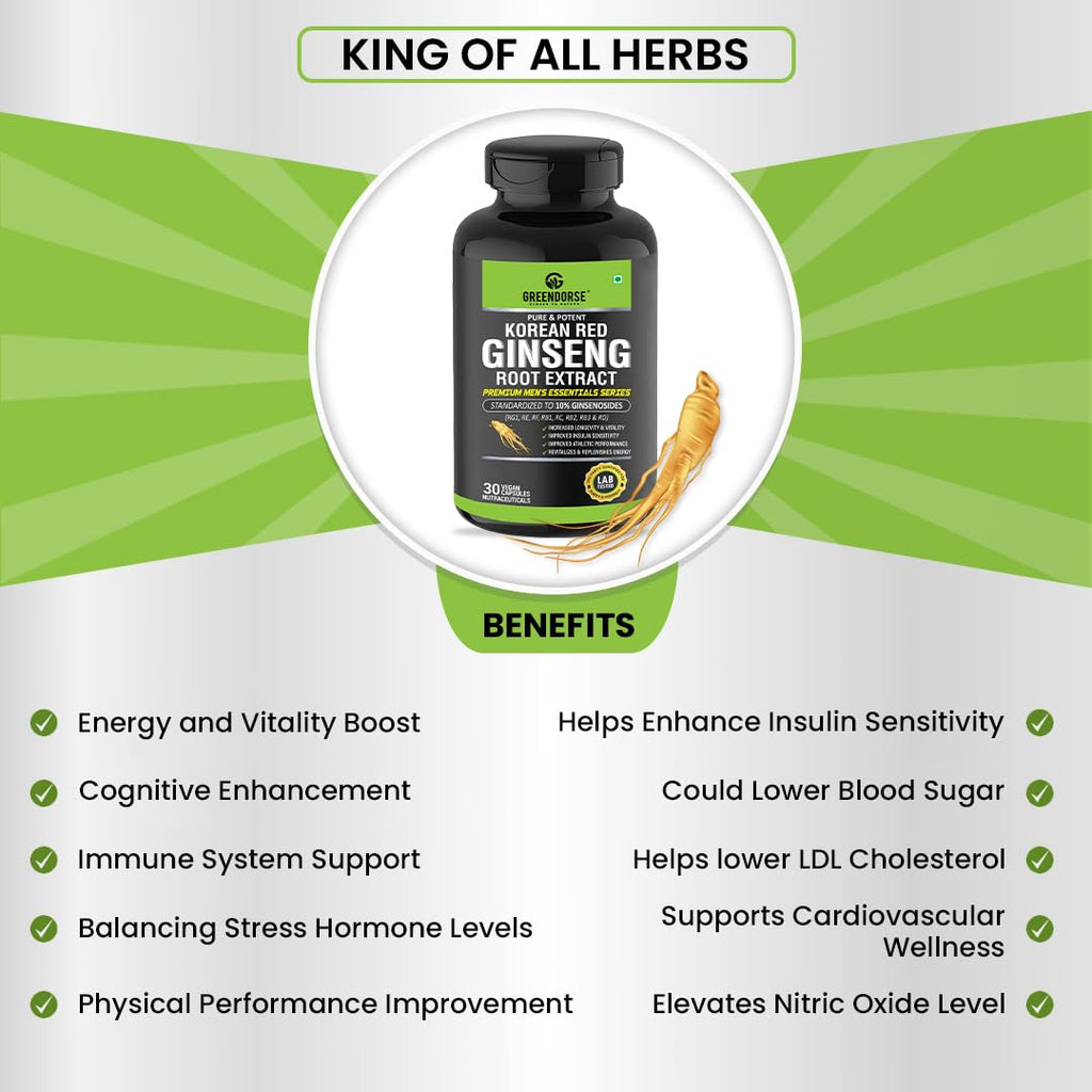 GREENDORSE Korean Red Panax Ginseng Root Extract | 10% Root Ginsenosides by HPLC | Extra Strength Ginsenosides for Energy, Focus, Performance, Vitality & Immune Support- 30 Veg Capsules