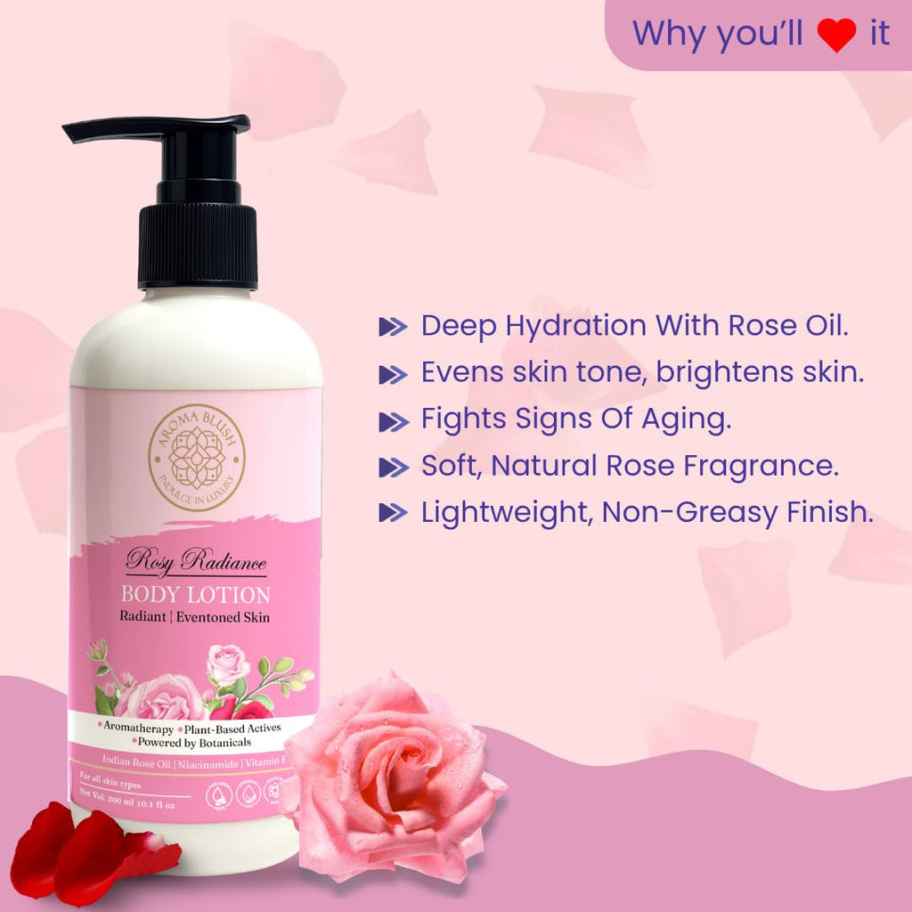 Aromablush - Rosy Radiance Body Lotion | Indian Rose Oil, Niacinamide, Vitamin E | Brightening & Intense Hydration | Non-Greasy, Lightweight | Floral Scent | For All Skin Types | 300ml