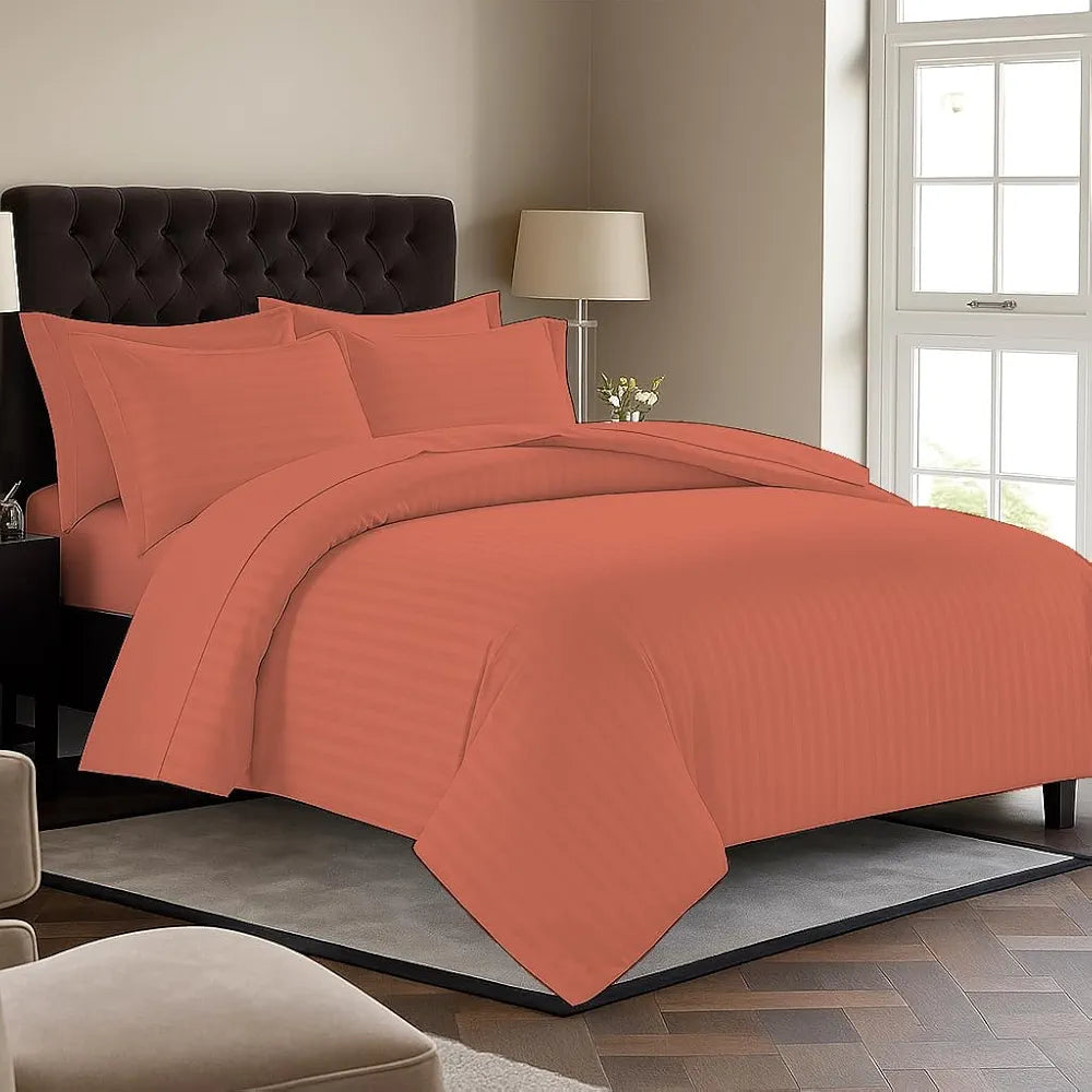 Trance Home Linen Zippered 100% Cotton 200 TC Satin Stripe Queen Duvet Cover Quilt Cover with 2 Pillow Covers Colour Copper Rust