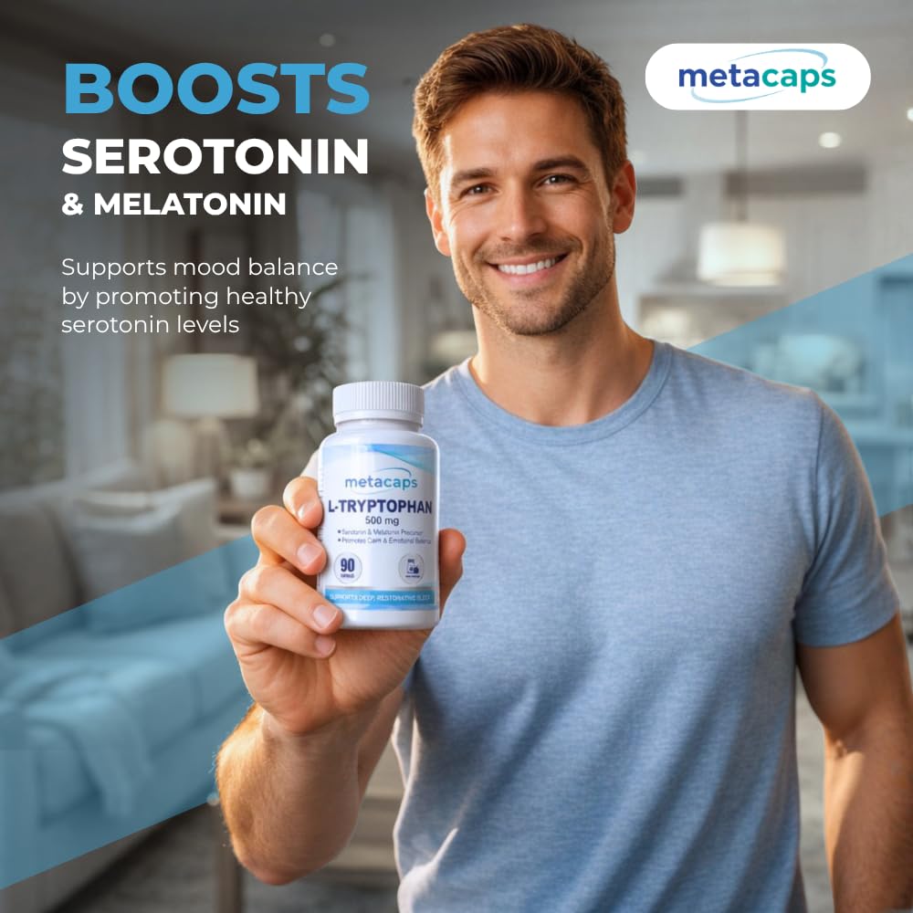 MetaCaps Pure L-Tryptophan 500mg – 90 Veg Capsules | Essential Amino Acid for Serotonin & Melatonin Support | Natural Sleep Aid & Mood Regulator | Supports Relaxation & Stress Relief | Non-GMO & Vegan