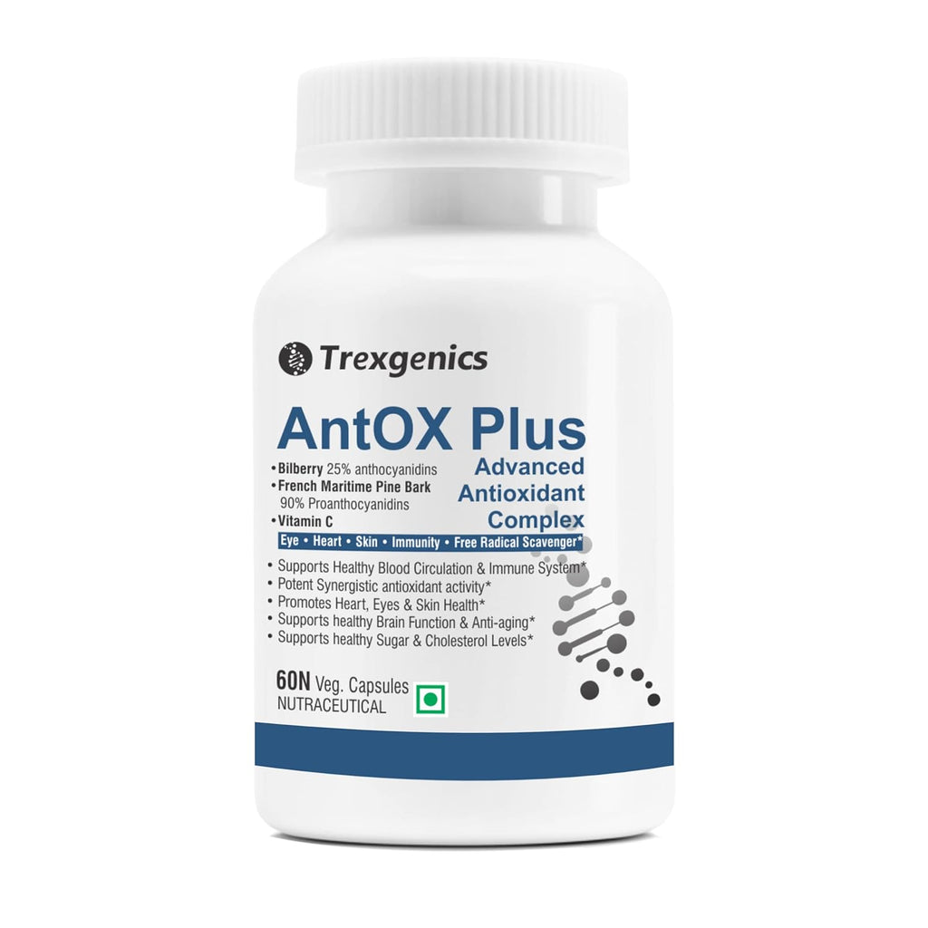 TrexgenicsÂ® ANTOX PLUS Bilberry 25% 200 mg, Pine bark 90% 200 mg & Vitamin C Advanced Antioxidant complex, Heart, Eyes, Skin, Immunity, Metabolism (60 Vcaps) (1)