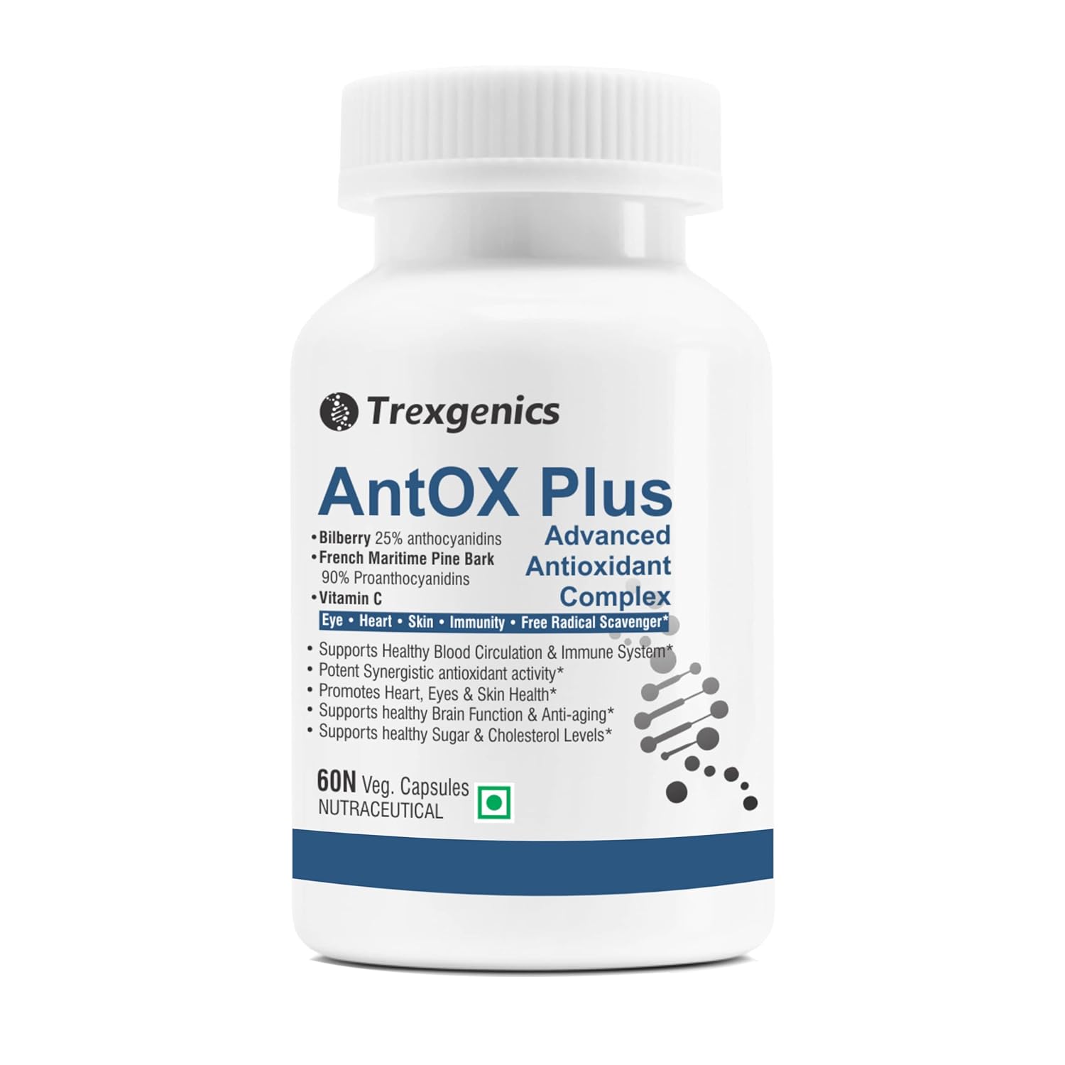 TrexgenicsÂ® ANTOX PLUS Bilberry 25% 200 mg, Pine bark 90% 200 mg & Vitamin C Advanced Antioxidant complex, Heart, Eyes, Skin, Immunity, Metabolism (60 Vcaps) (1)
