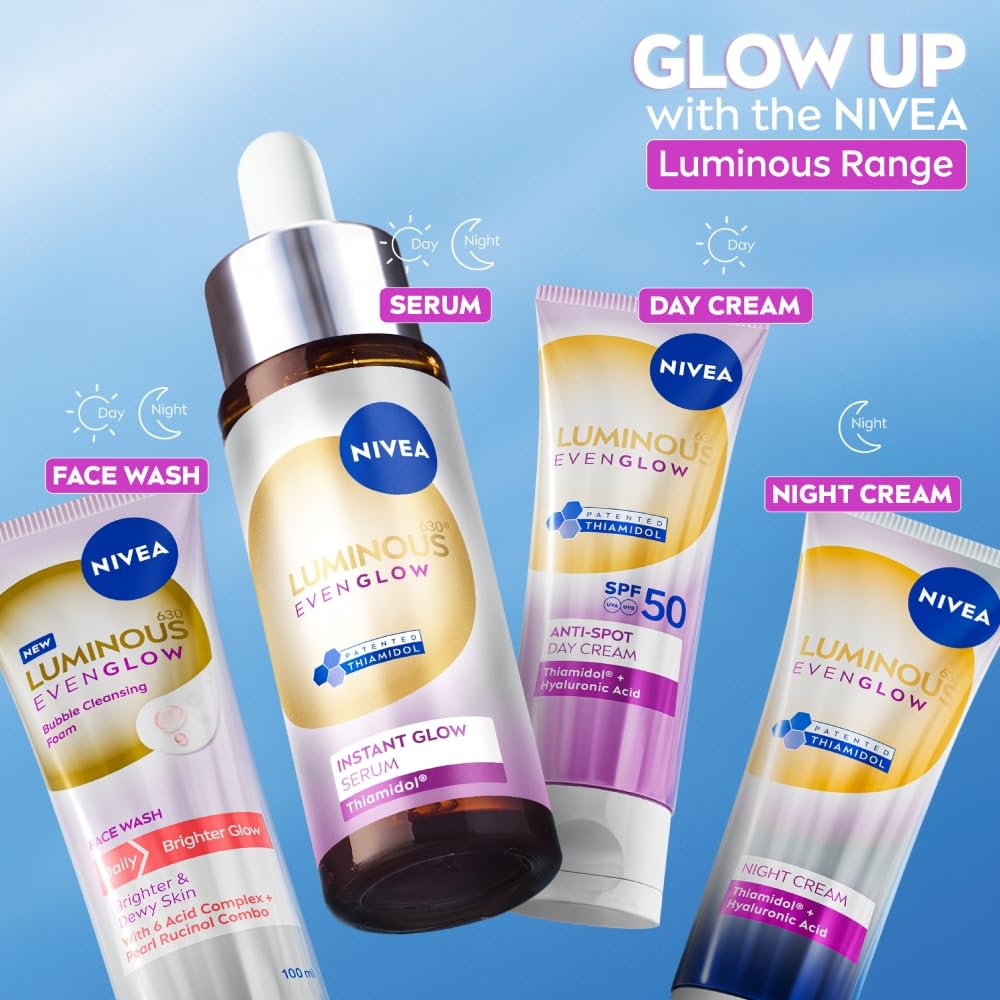 NIVEA Luminous Even Glow Bubble Cleansing Foam Face Wash | For Glowing Skin, Skin Brightening & Refined Pores | Pearl Rucinol + 6 Acid Complex | Makeup Remover | Daily Face Cleanser | 100ml