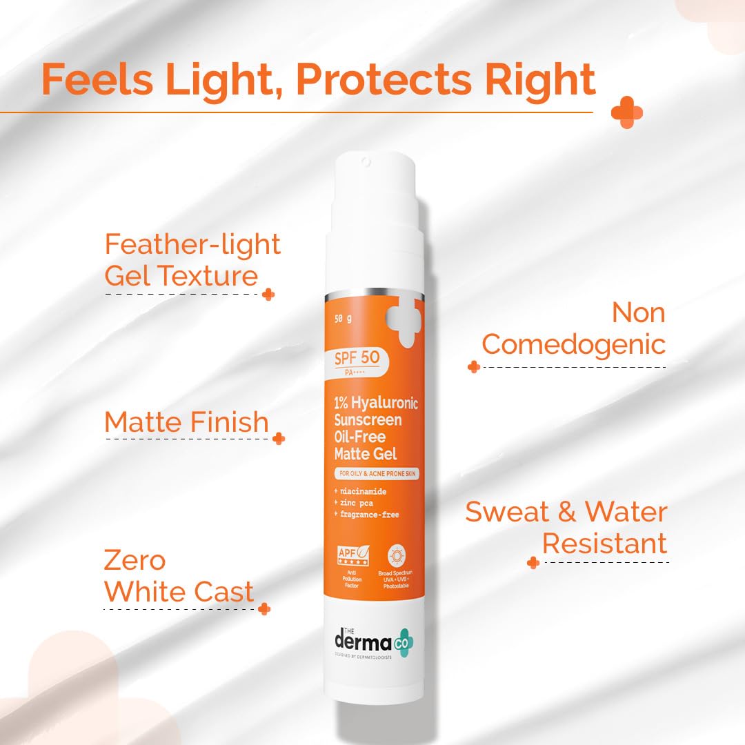 The Derma Co 1% Hyaluronic Sunscreen Oil-Free Matte Gel SPF 50 PA++++ | For Oily, Acne-Prone Skin | Lightweight Texture | No White Cast | Broad Spectrum Protection & Blue Light Protection | Non- Comedogenic 50g