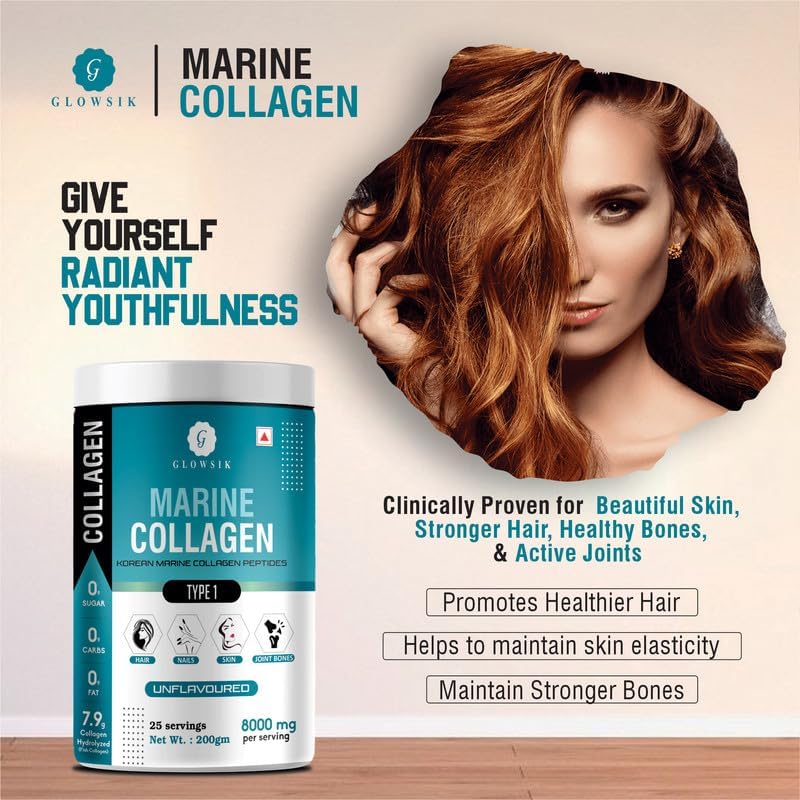 Glowsik Korean Marine Collagen Powder | Marine Collagen Supplements for Women and Men - 200 Gms | Pack of 2 | Unflavoured
