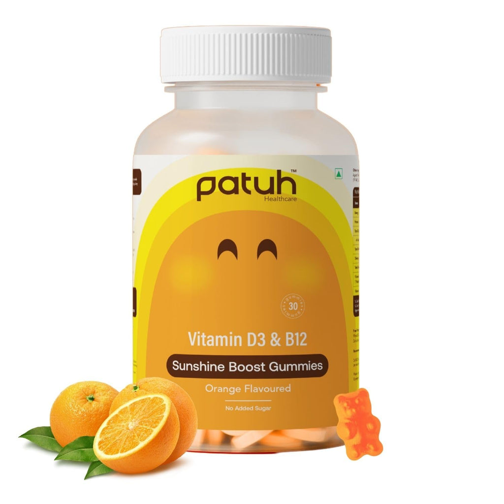 PATUH HEALTHCARE Vitamin D3 & B12 Gummies | 100% Vegetarian Formula | Sugar-Free Energy & Immunity Support Gummies for Men and Women | Orange Flavour Vegan Supplement | Pack of 1