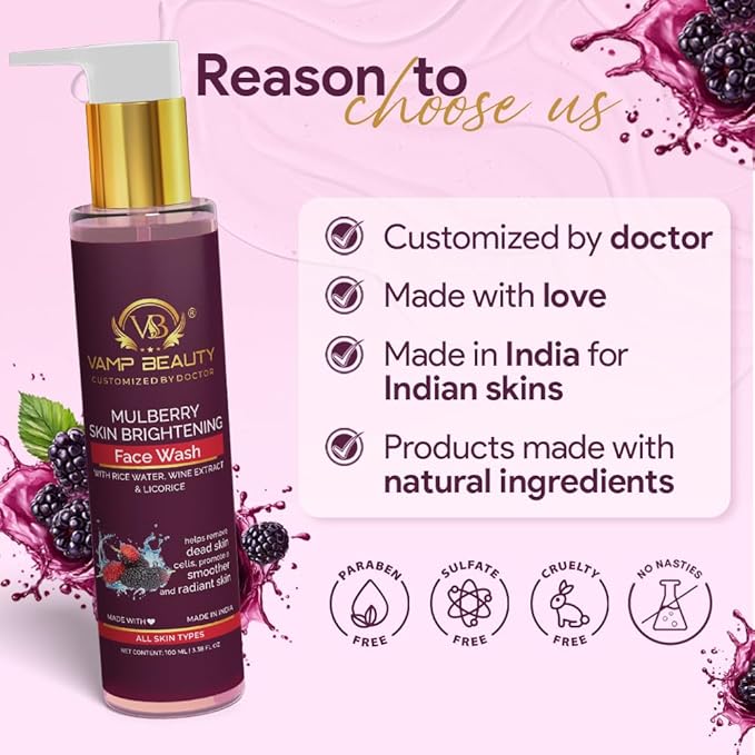 Vamp Beauty Mulberry Skin Brightening Face Wash With Goodness of Rice Water, Wine Extract & Licorice - 100 Ml